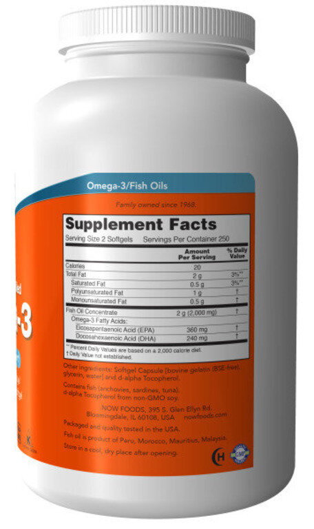 NOW Omega-3 1000 мг ЭПК 180 мг/ДГК 120 мг 500 капс (Нау Омега 3)