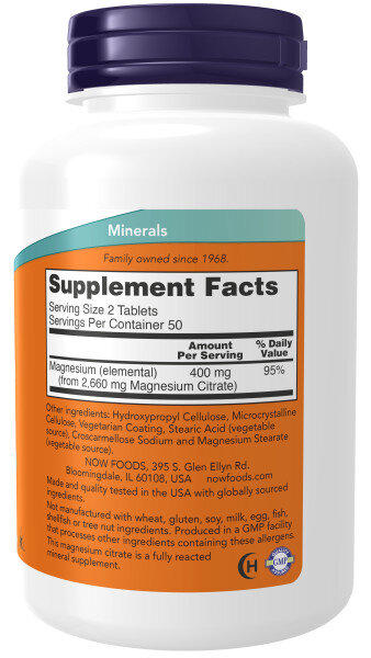 Магний NOW Magnesium Citrate 200 мг 100 таб (Нау Магний Цитрат 200 мг 100 таб)