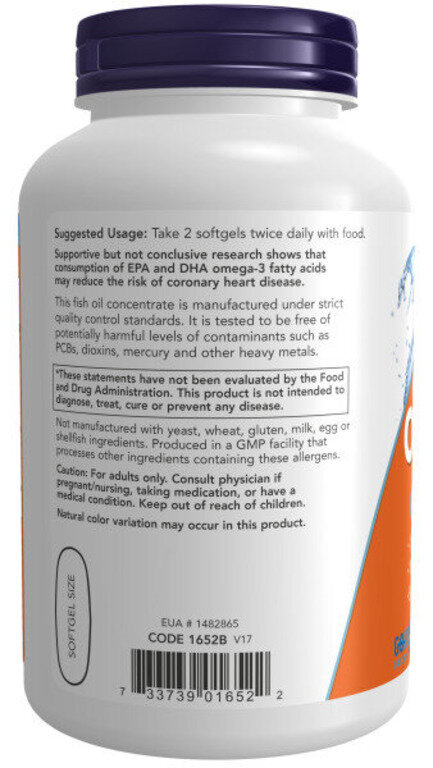 NOW Omega-3 1000 мг ЭПК 180 мг/ДГК 120 мг 200 капс (Нау Омега 3)