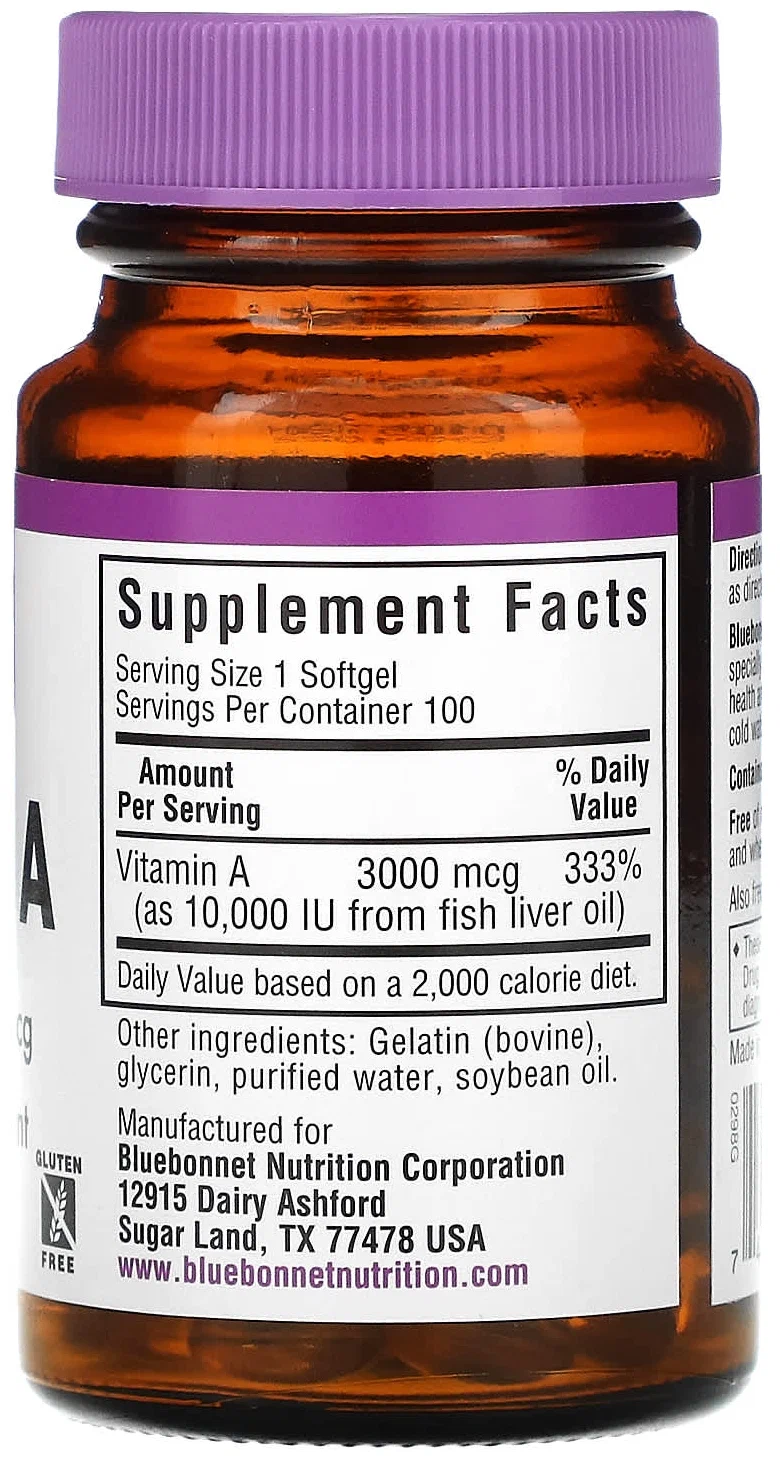 Витамин А Bluebonnet Vitamin A 3000 мкг (10.000 МЕ) 100 капс (Блюбоннет Витамин А)