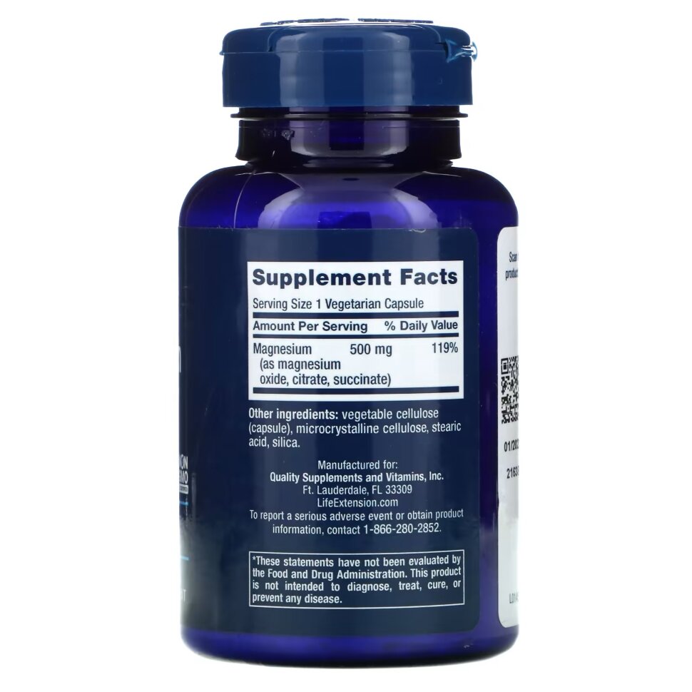 Магний Life Extension Magnesium Caps 500 мг 100 капс (Лайф Экстеншн Магний Капс 500 мг 100 капс)