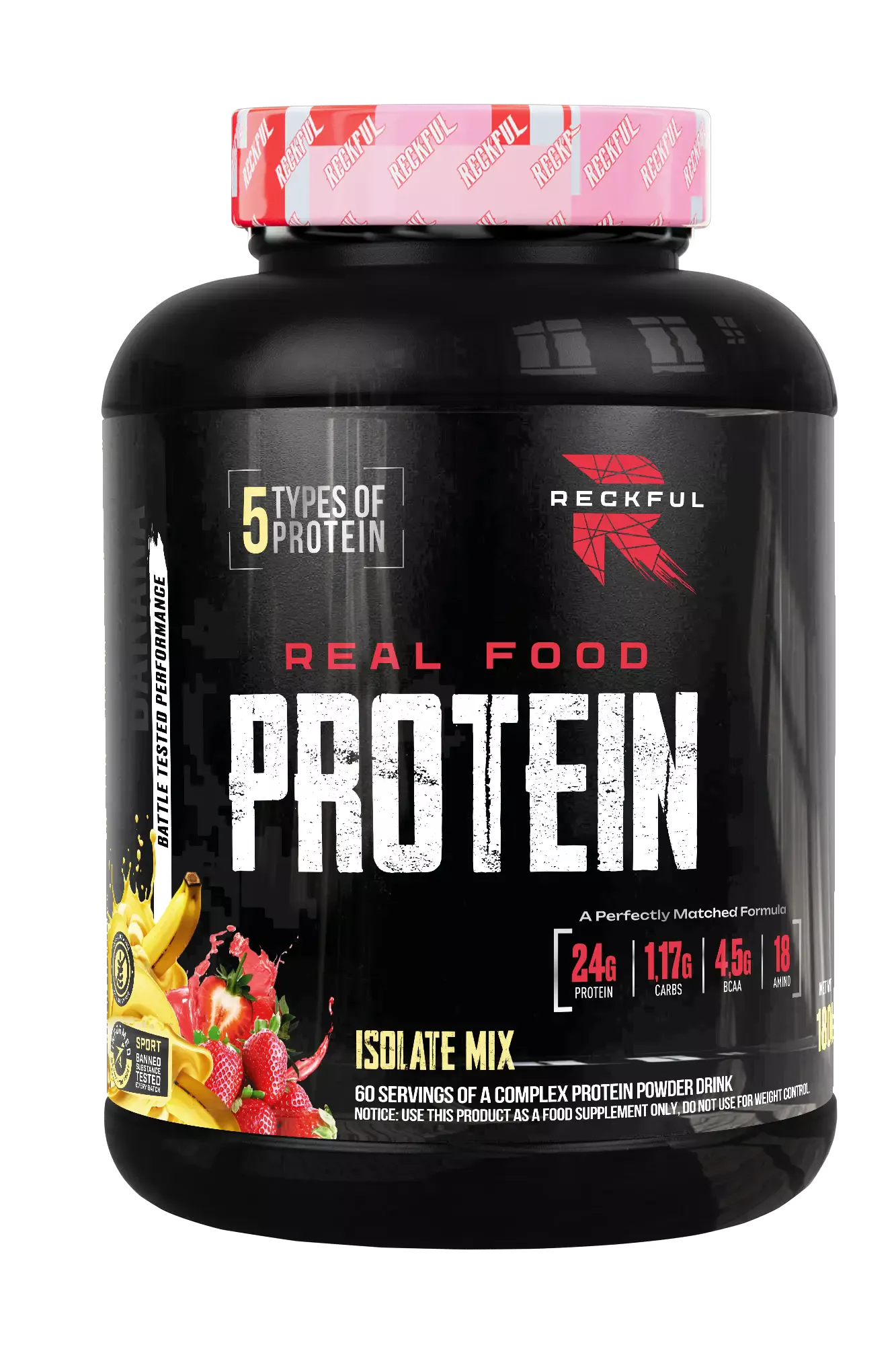 Протеин Reckful Real Food Protein isolate-mix 1800 гр (Рекфут Реал Фуд Протеин 1800 гр) (Клубника-банан)