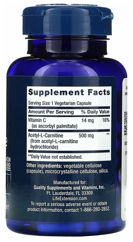 Л-карнитин Life Extension Acetyl L-Carnitine 500 мг 100 вкапс (Лайф Экстеншин Ацетил Л-карнитин)