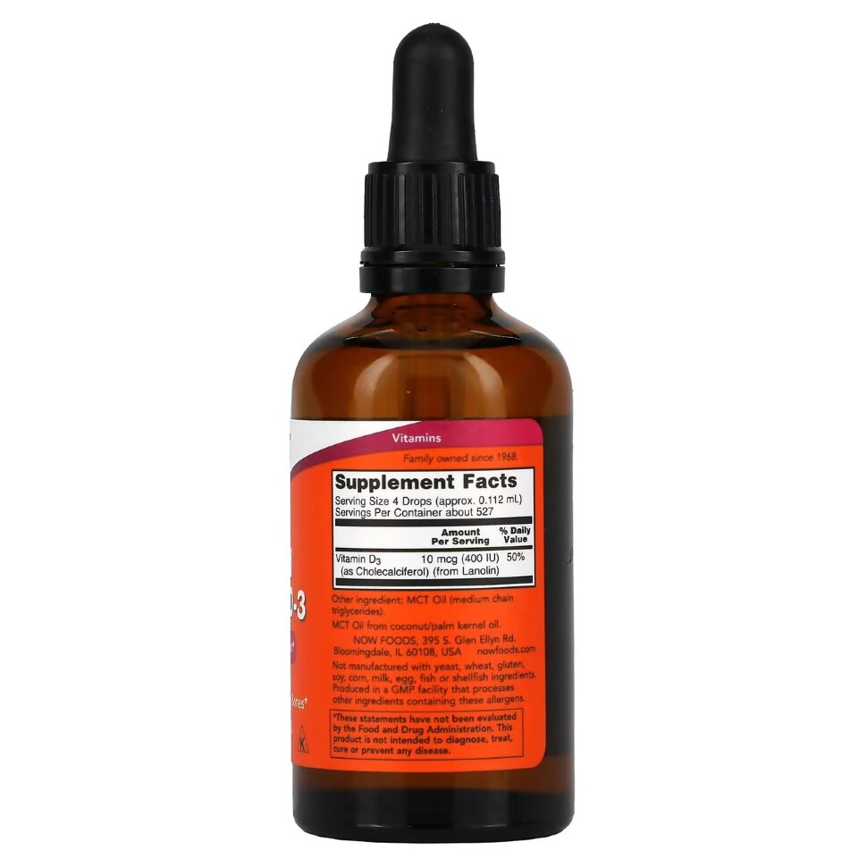 Витамин D3 для детей Now Liquid Vitamin D3 400 МЕ 59 мл (Нау Жидкий Витамин Д3 400 МЕ)